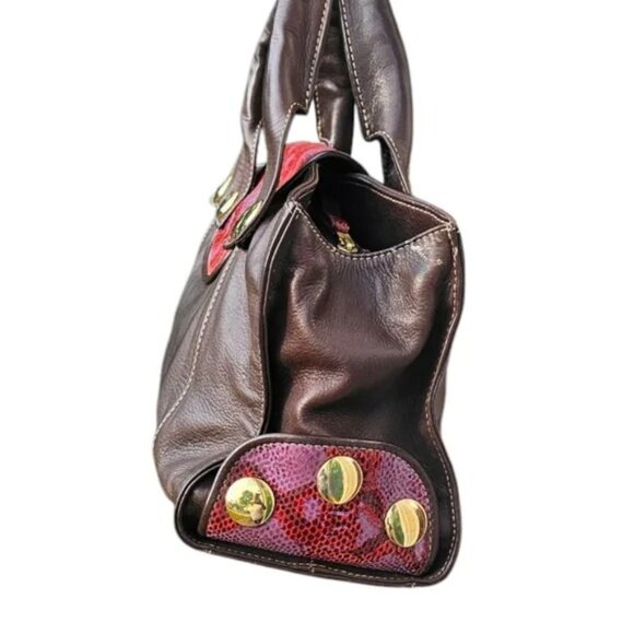 Gustto Setela Leather Satchel Brown w/ Magenta Python Accent - Picture 5 of 8